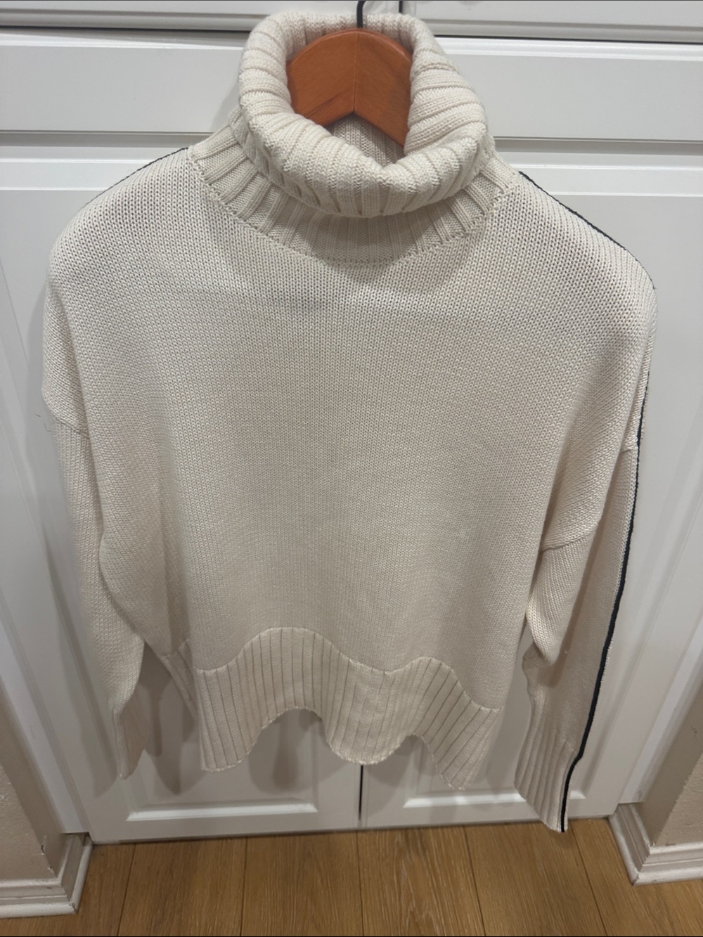 Alp N Rock Cream Turtleneck Sweater with Navy Sleeve Stripe